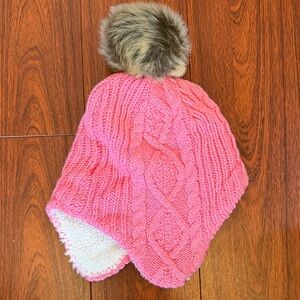 Hanna Anderson Cozy Pink Knit Baby Hat with Faux Fur Pom
